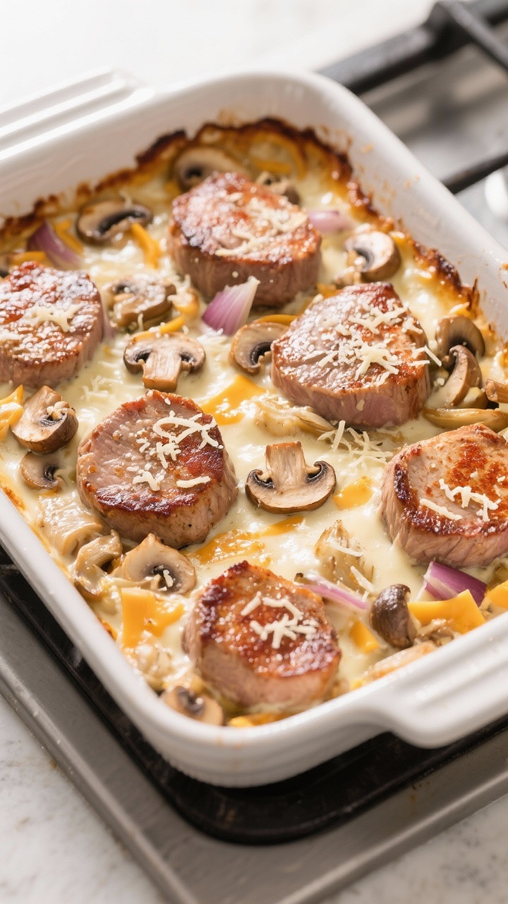 Cooking process: Overhead shot of the assembled casserole just before baking—seared pork medallion