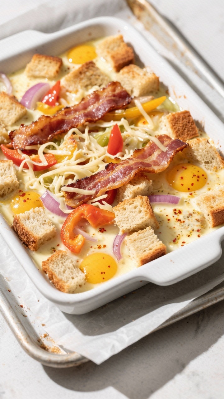 Cooking process: Overhead shot of the assembled casserole right before baking—bread cubes soaked i