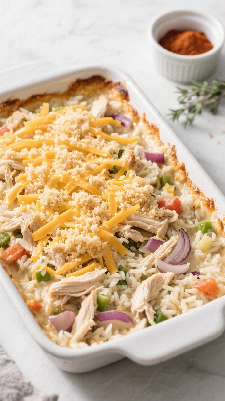 Cooking process: Overhead shot of the assembled casserole before baking, mixture evenly spread in a 