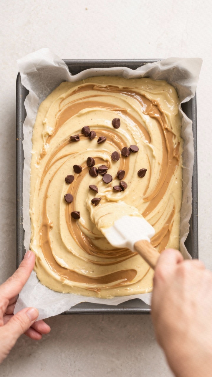 Cooking process: Overhead shot of the batter being spread evenly in the parchment-lined pan with a s