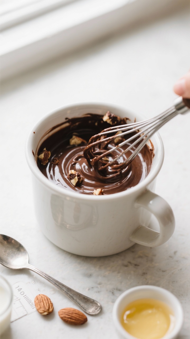 Cooking process: Overhead shot of the batter being whisked smooth and glossy directly in a wide 14-o