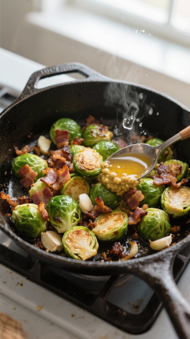 Cooking process: Overhead shot of the Brussels sprouts skillet mid “flavor stack” stage, showing