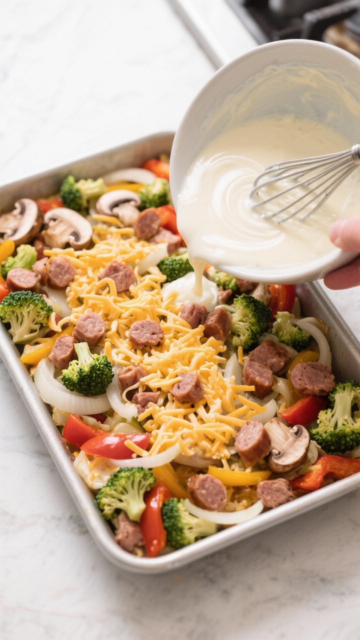 Cooking process: Overhead shot of the casserole base being layered in a greased 9x13 pan—sautéed 