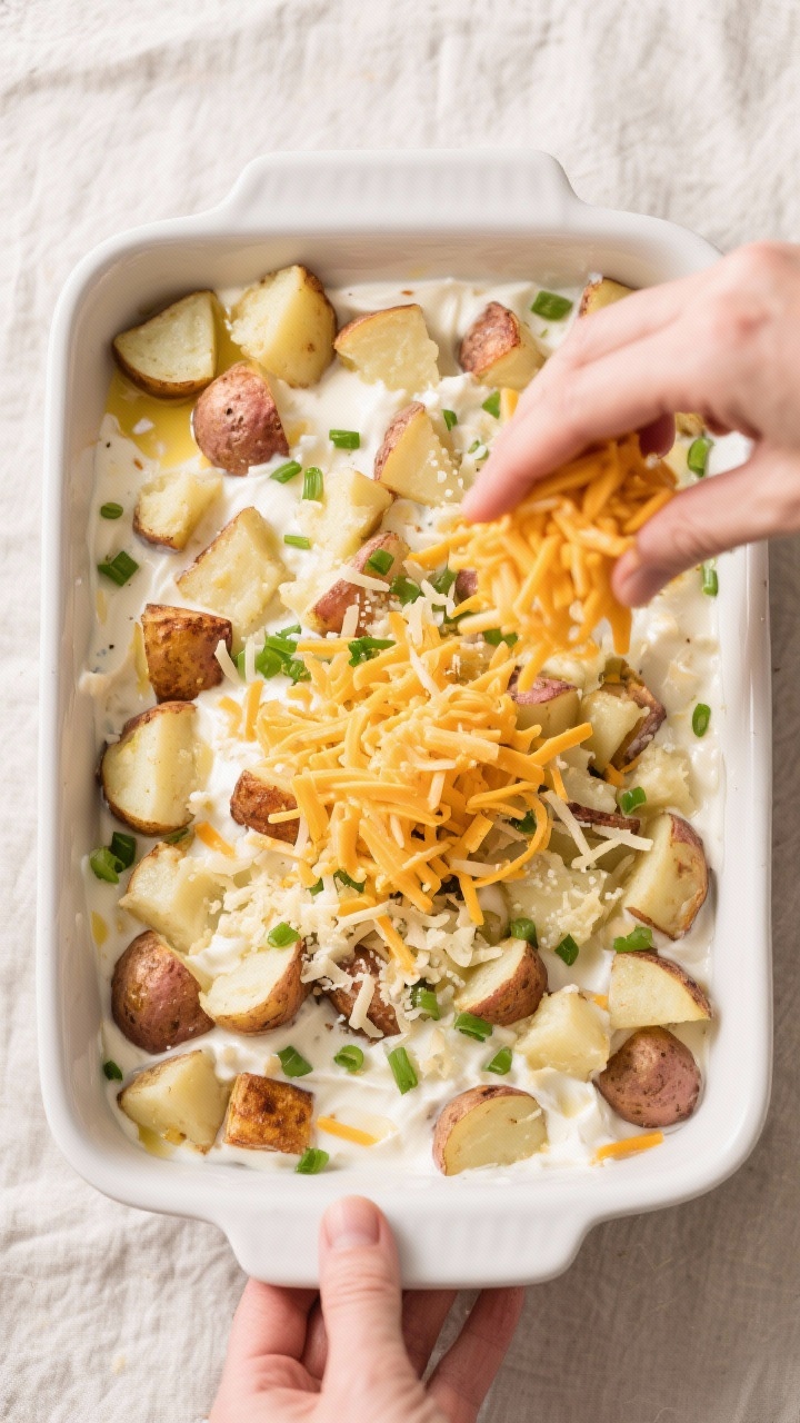 Cooking process: Overhead shot of the casserole being assembled in a 9x13 baking dish—cubed roaste