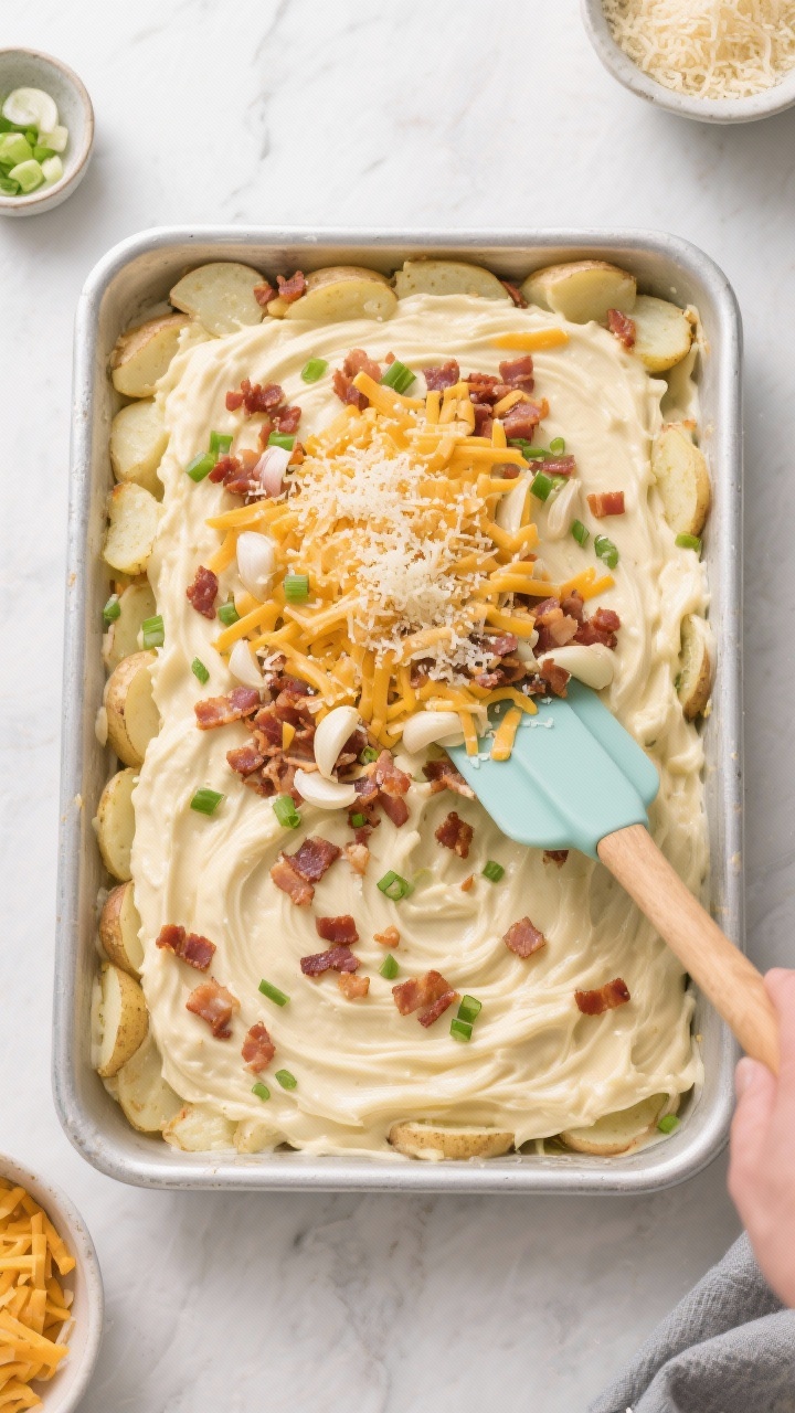 Cooking process: Overhead shot of the casserole mixture being spread evenly into a greased 9x13-inch