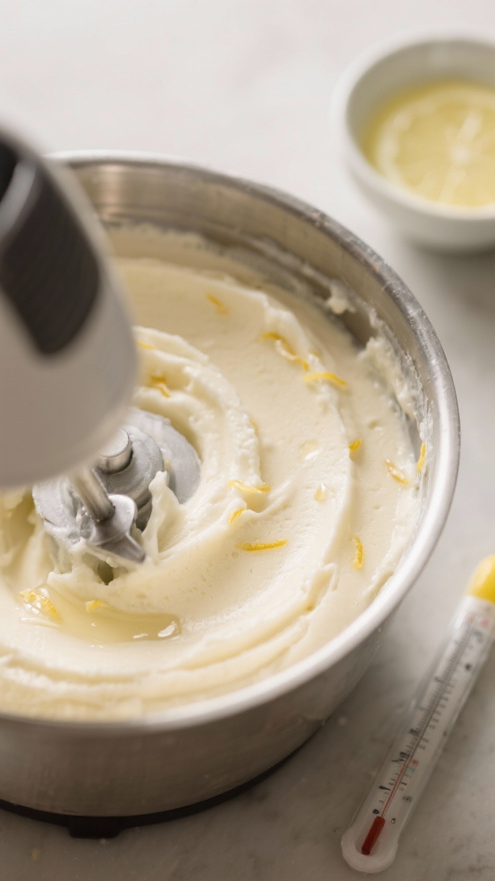 Cooking process: Overhead shot of the churned sorbet base mid-freeze in an ice cream maker, visibly 