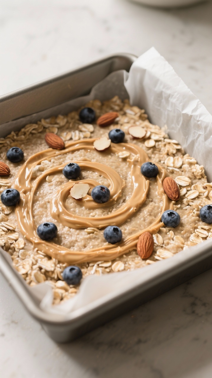 Cooking process: Overhead shot of the hydrated oat mixture resting in a greased 8x8 baking dish righ