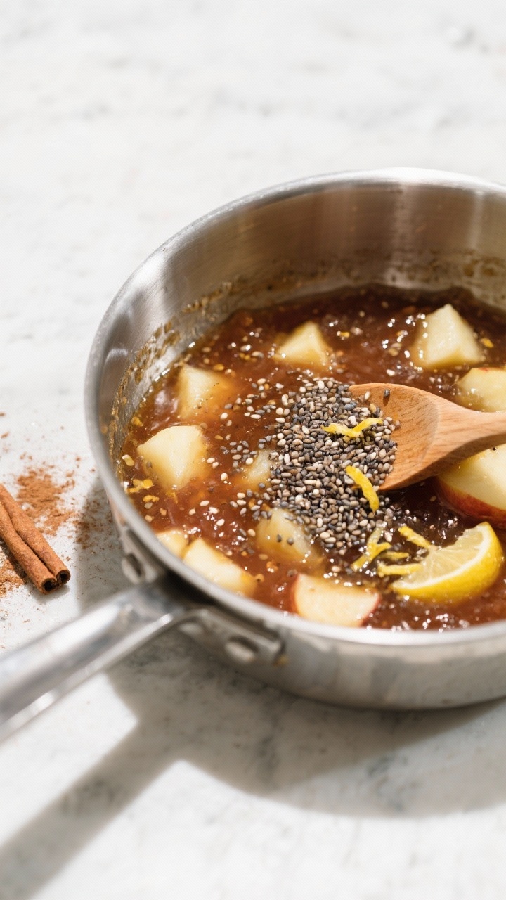 Apple Chia Jam Made from Leftover Apples: The 15-Minute Breakfast Upgrade You Didn’t Know You Needed Cooking process: Overhead shot of the jam just after chia is stirred in, in a medium stainless sauce