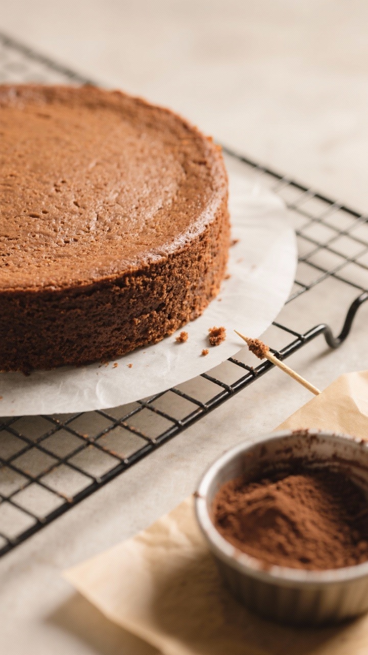 Cooking process: Overhead shot of the just-baked 9-inch round cake cooling on a wire rack, parchment