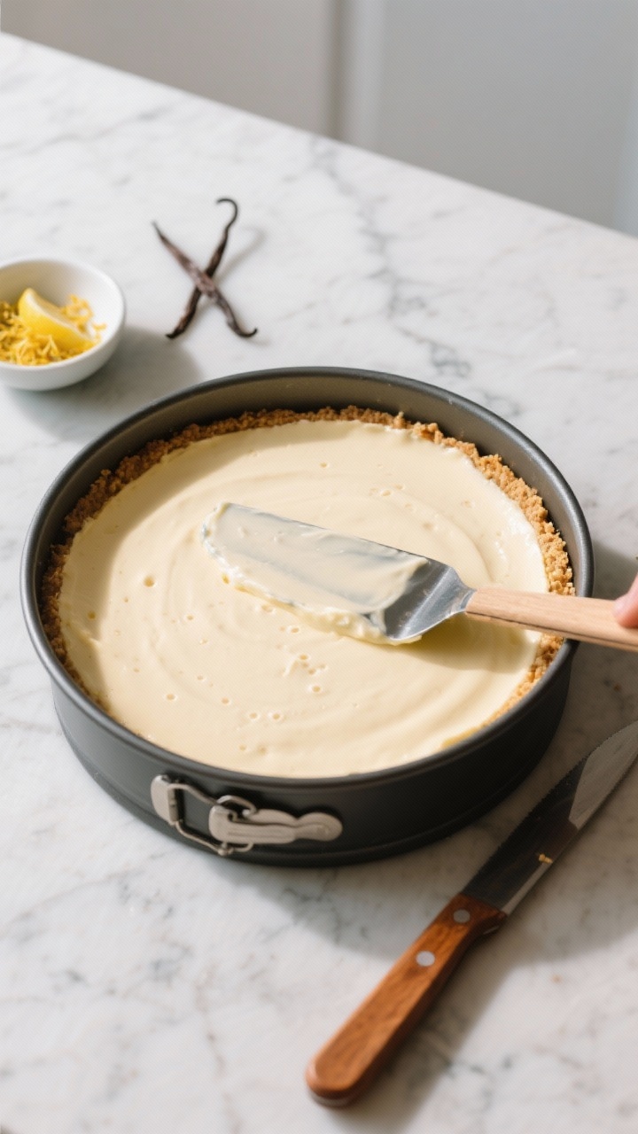 Cooking process: Overhead shot of the just-poured cheesecake in the springform pan, surface freshly 