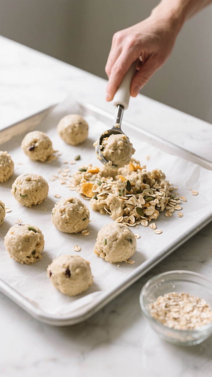 Cooking process: Overhead shot of the mixed, chilled dough being scooped with a small cookie scoop a
