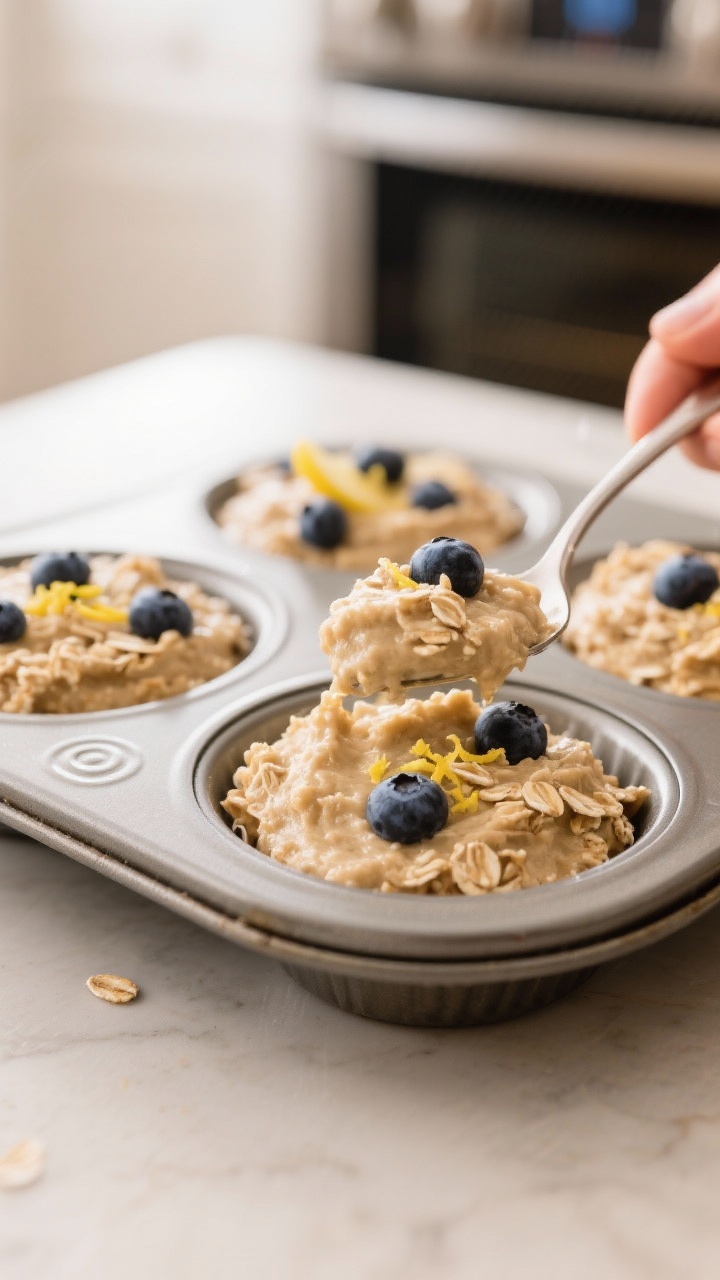 Cooking process: Overhead shot of the muffin tin being filled to the top with thick, spoonable banan