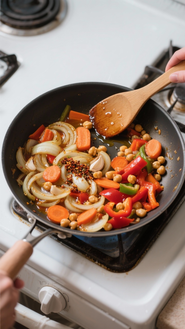 Cheap Whole Food Meals for Moms: Clean Eating On A Budget That Actually Tastes Amazing Cooking process: Overhead shot of the one-pan sauté in progress—onions and carrots softened with