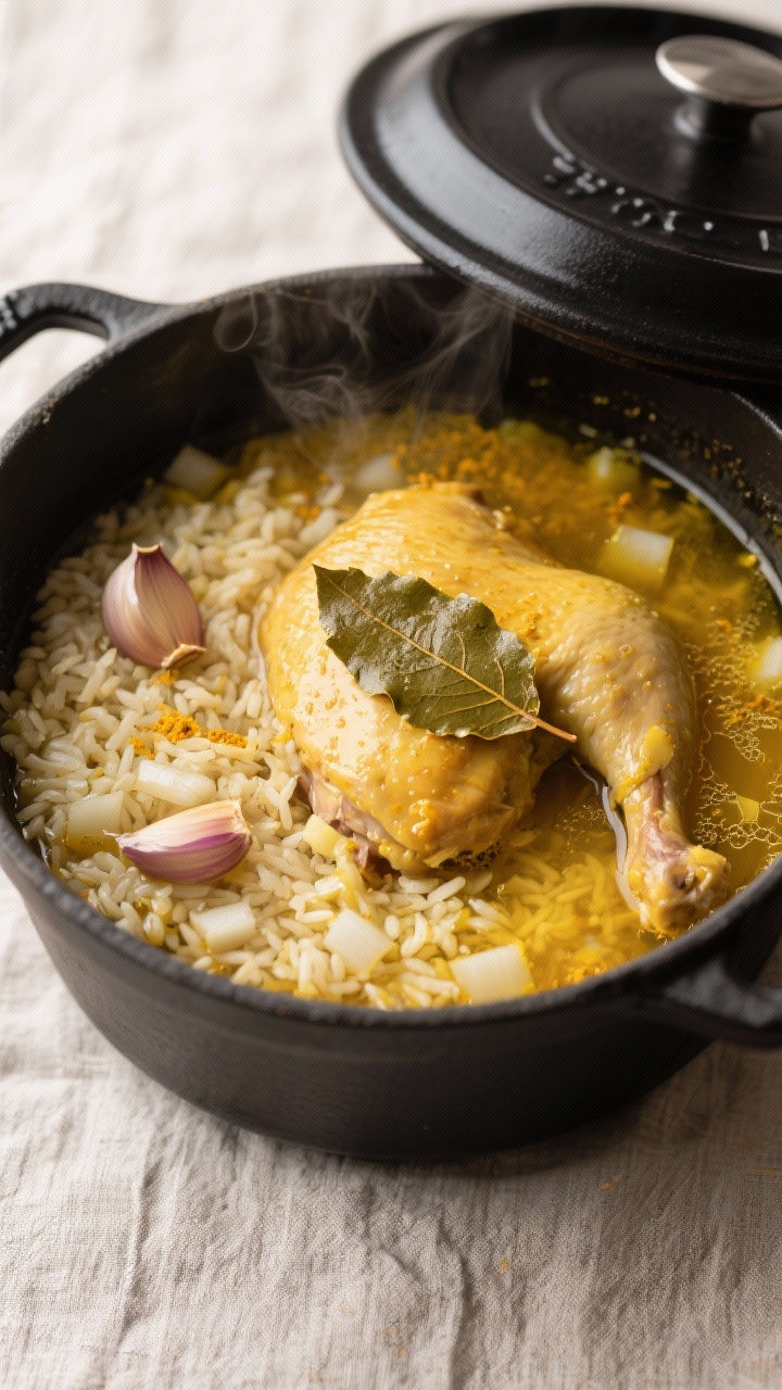 Cooking process: Overhead shot of the one-pot simmer stage—chicken nestled on top of rice with bay