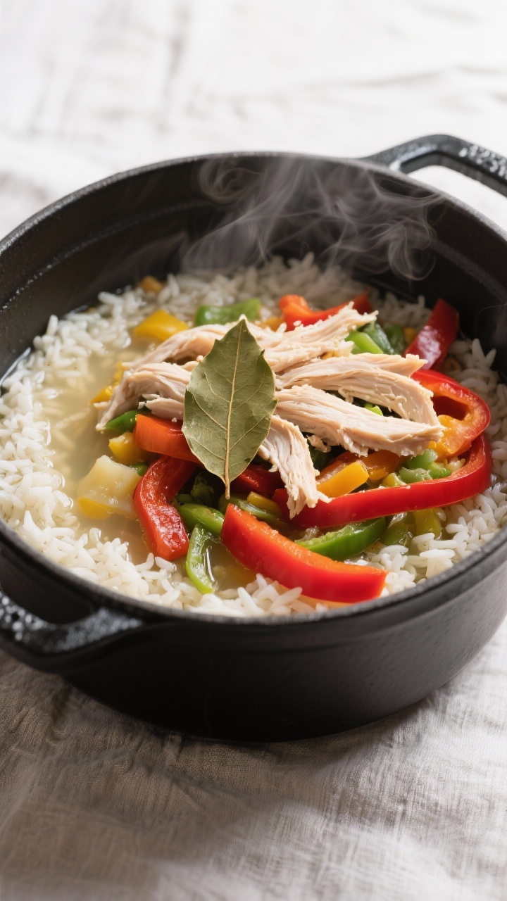 Cooking process: Overhead shot of the one-pot simmer stage, rice gently bubbling in chicken broth wi