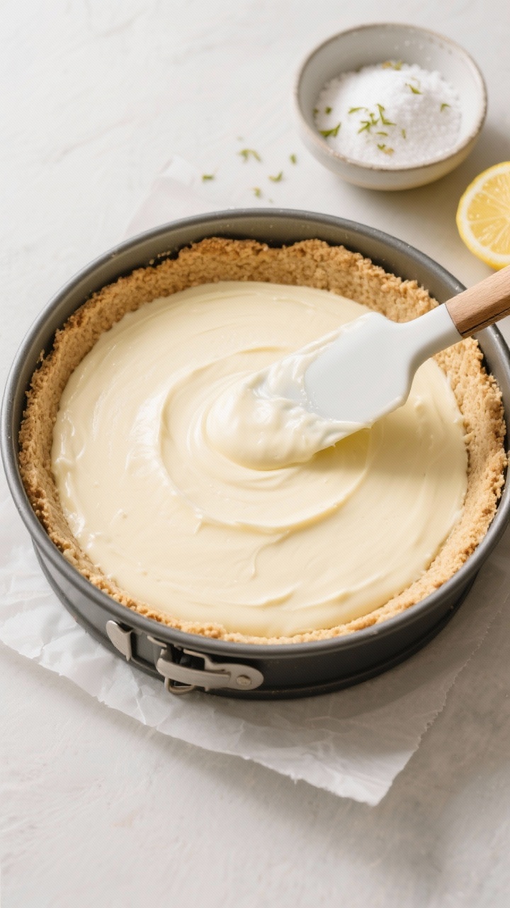 Cooking process: Overhead shot of the par-baked almond flour crust in a 9-inch springform pan, light