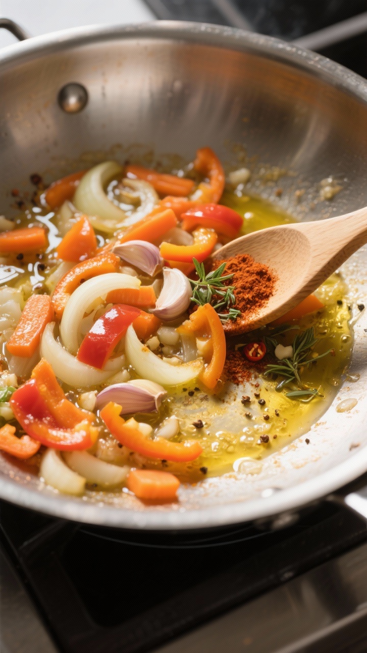 Cooking process: Overhead shot of the sauté stage in a wide stainless pan—onion, carrot, and bell