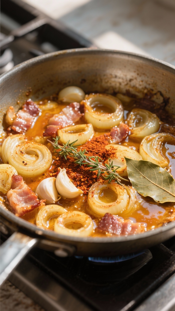 Cooking process: Overhead shot of the sauté stage—golden onions and just-bloomed garlic glistenin