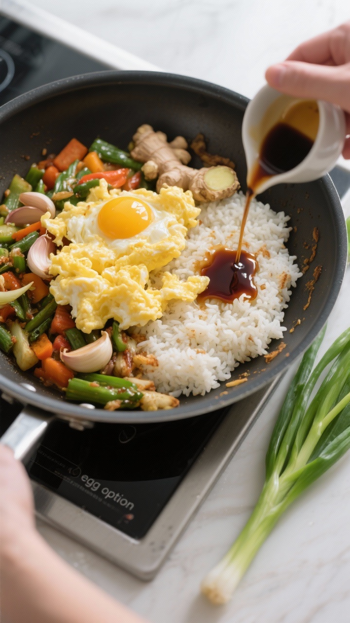 Cooking process: Overhead shot of the skillet right after the “egg option,” fluffy soft-scramble