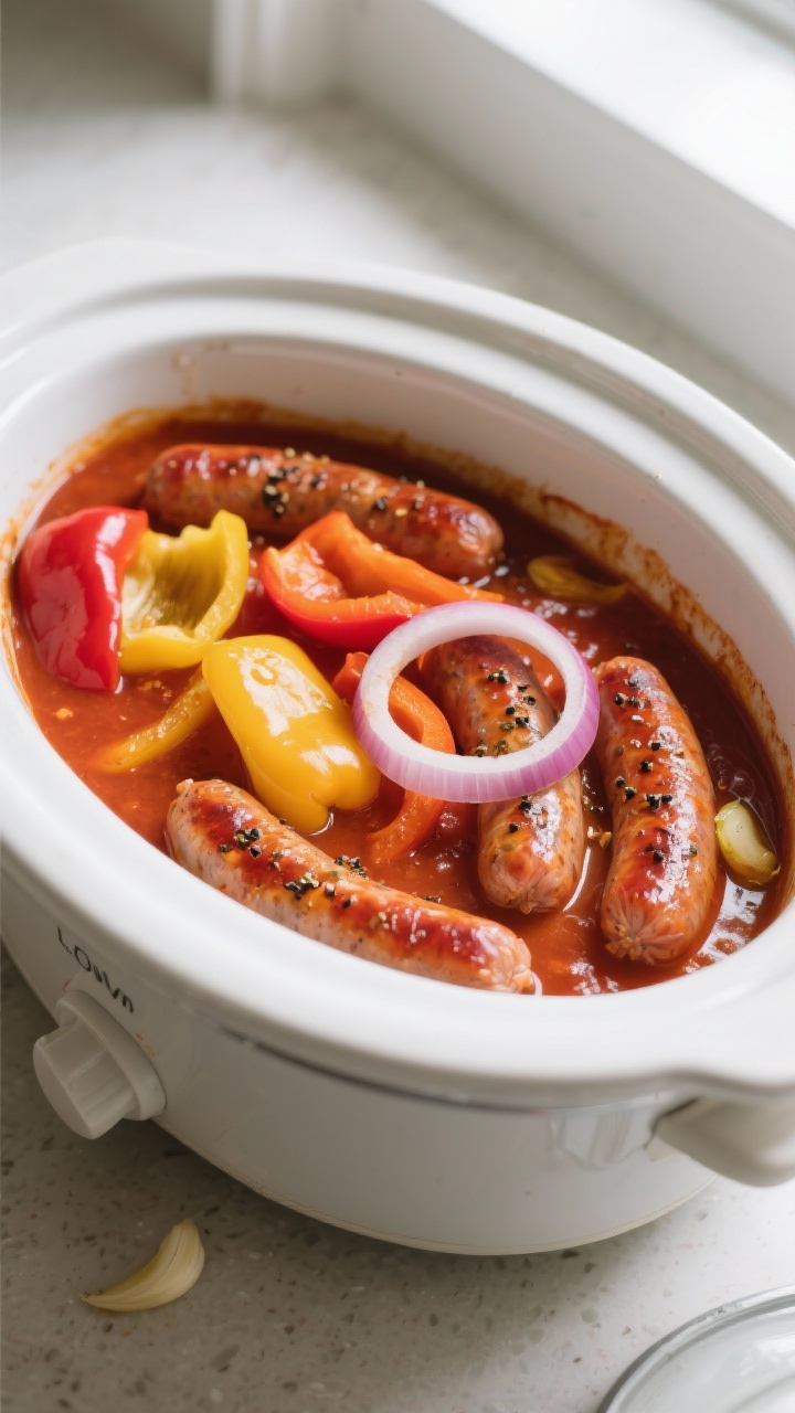 Cooking process: Overhead shot of the slow cooker mid-cook on LOW, sausages partially submerged in a