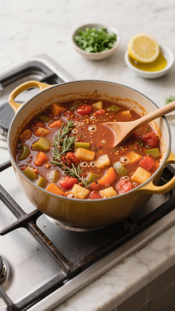 Cooking process: Overhead shot of the stew at a gentle simmer after the “broth bath,” firm veget