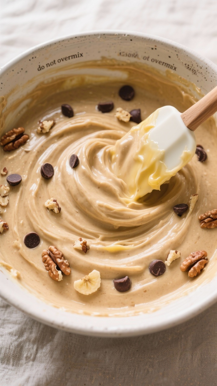 Cooking process: Overhead shot of the thick, cohesive banana batter being gently folded in a bowl wi