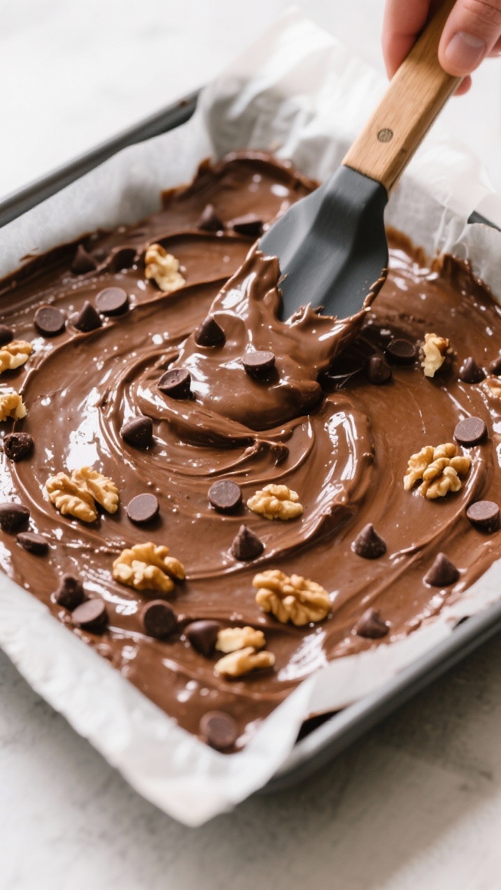 Cooking process: Overhead shot of the thick, shiny brownie batter being spread evenly into a parchme