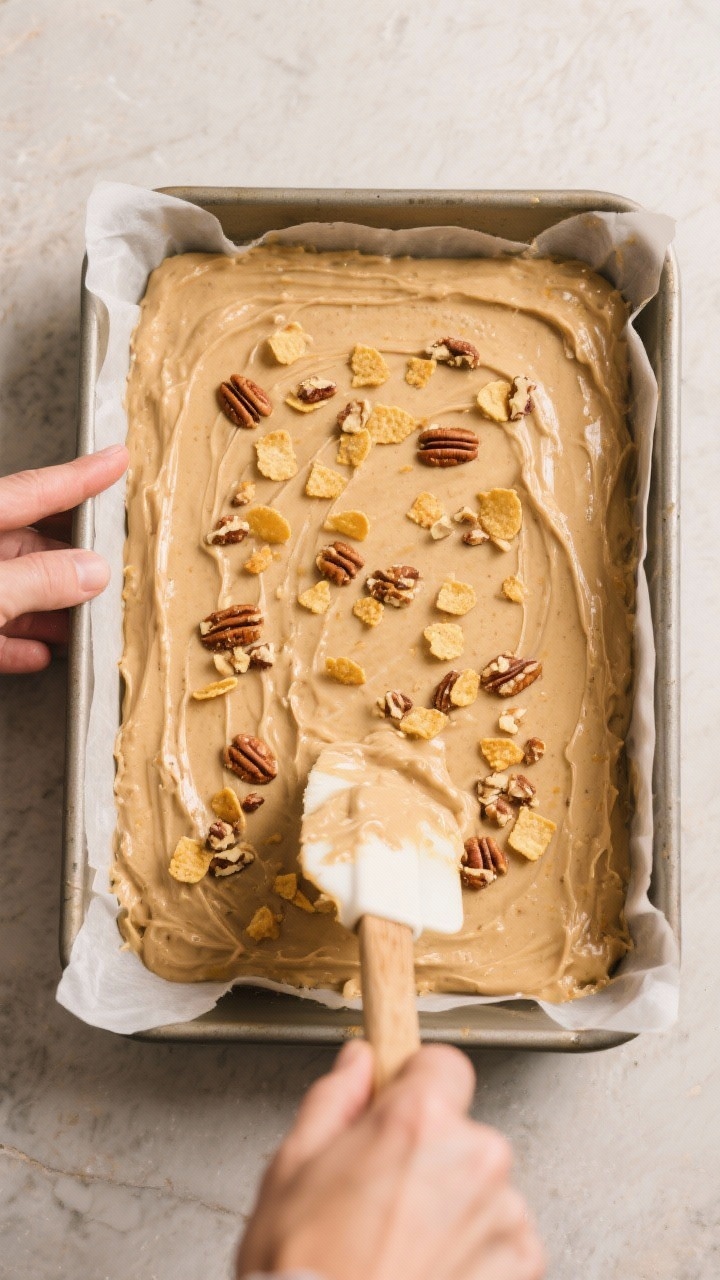 Cooking process: Overhead shot of the thick, spreadable batter being smoothed evenly into a parchmen