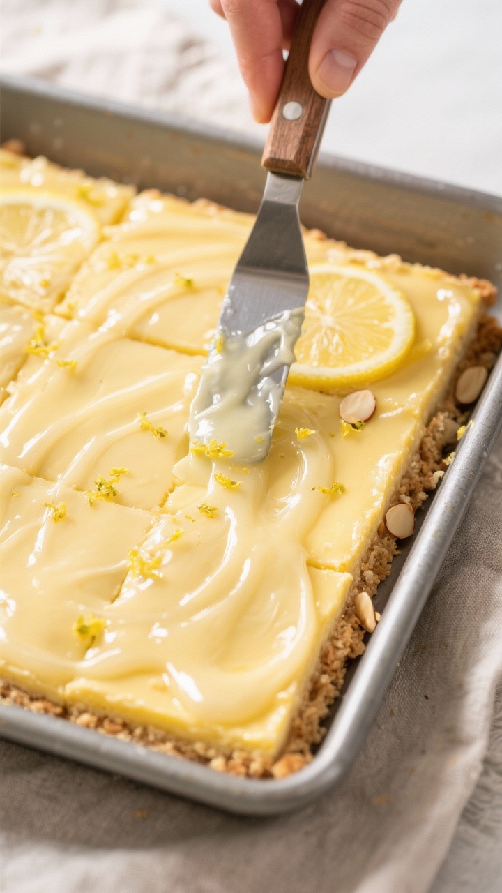 Cooking process: Overhead shot of the thick sugar-free lemon glaze being spread over fully chilled l