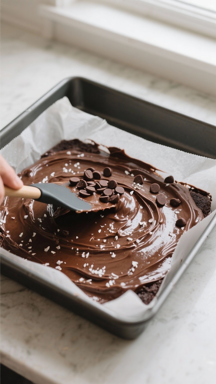 Cooking process: Overhead shot of thick, glossy brownie batter being smoothed level in the parchment