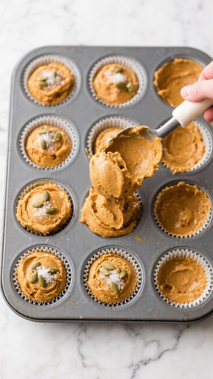 Cooking process: Overhead shot of thick, scoopable pumpkin muffin batter (soft ice-cream texture) be
