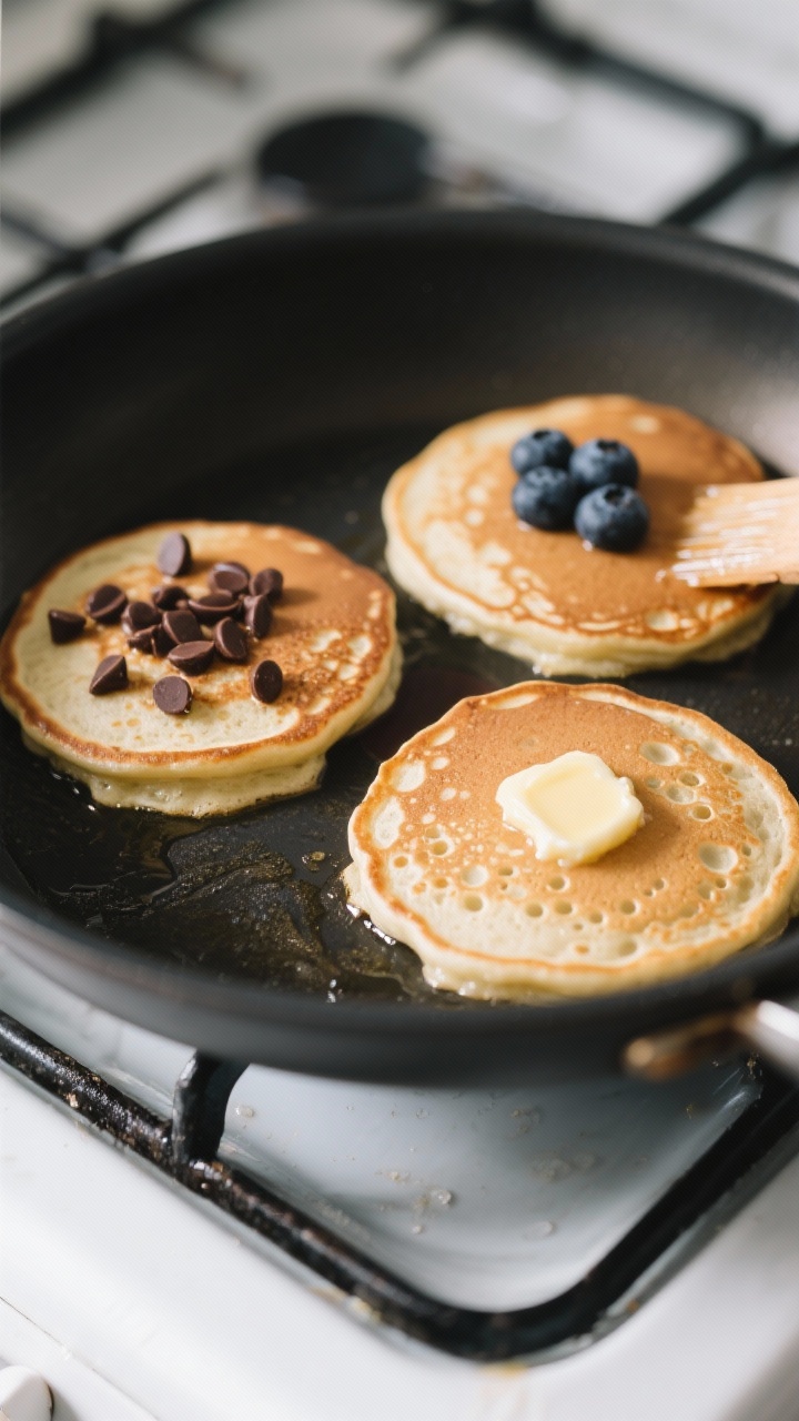 Cooking process: Overhead shot of three pancakes cooking on a nonstick skillet over medium-low heat,