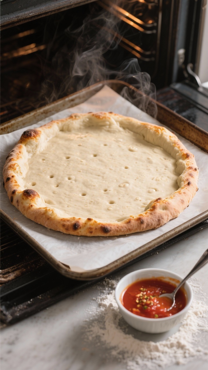 Cooking process — Parbake moment: Overhead shot of a 12–14-inch pizza crust just out of a rippin