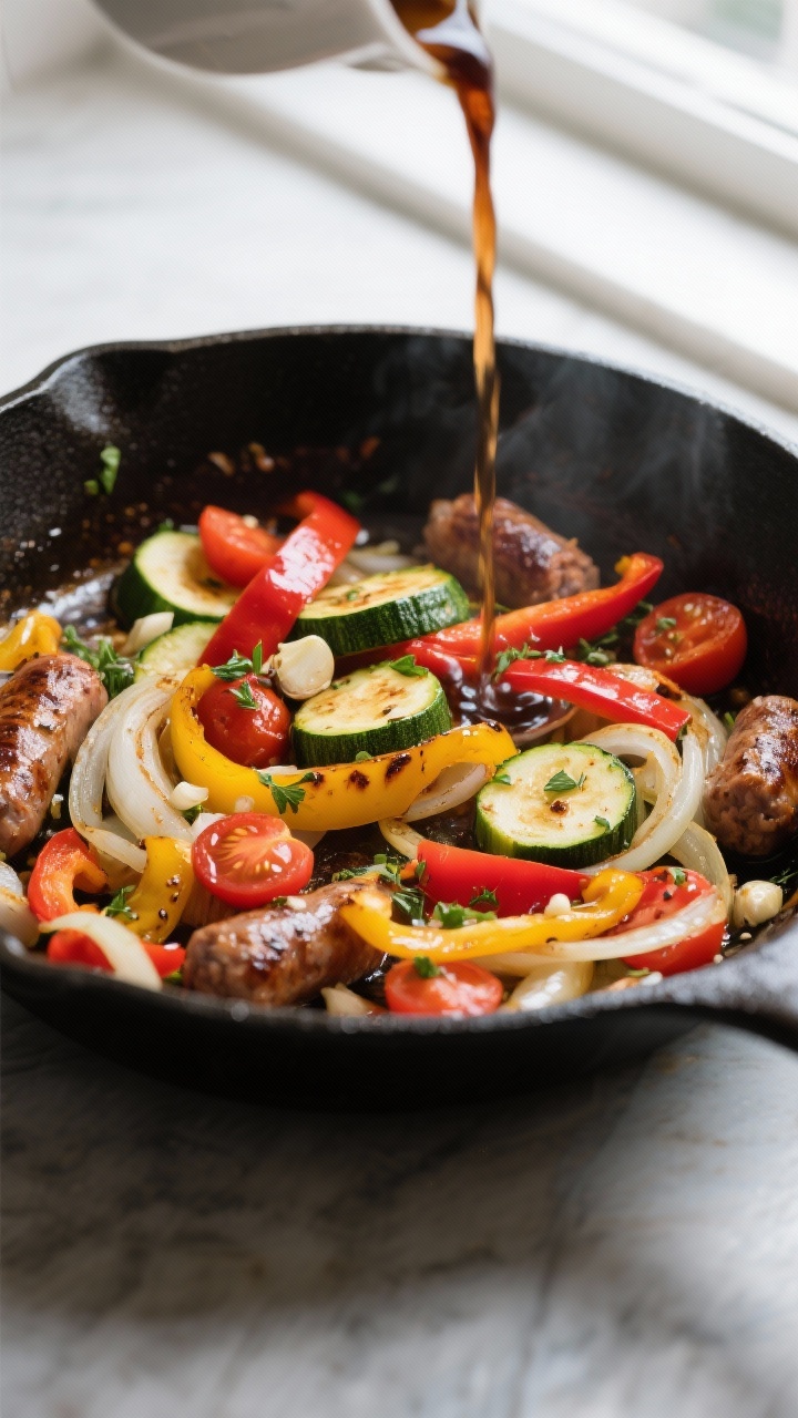 Cooking process: Peppers, onions, and zucchini sautéing after the sausage has been removed—soften