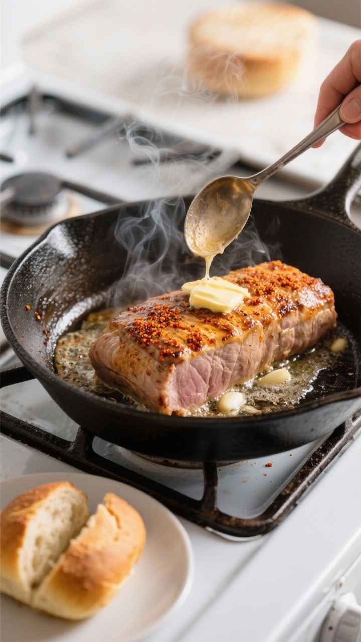 Cooking process: Pork tenderloin in a large skillet mid-sear, deep golden-brown crust forming, butte