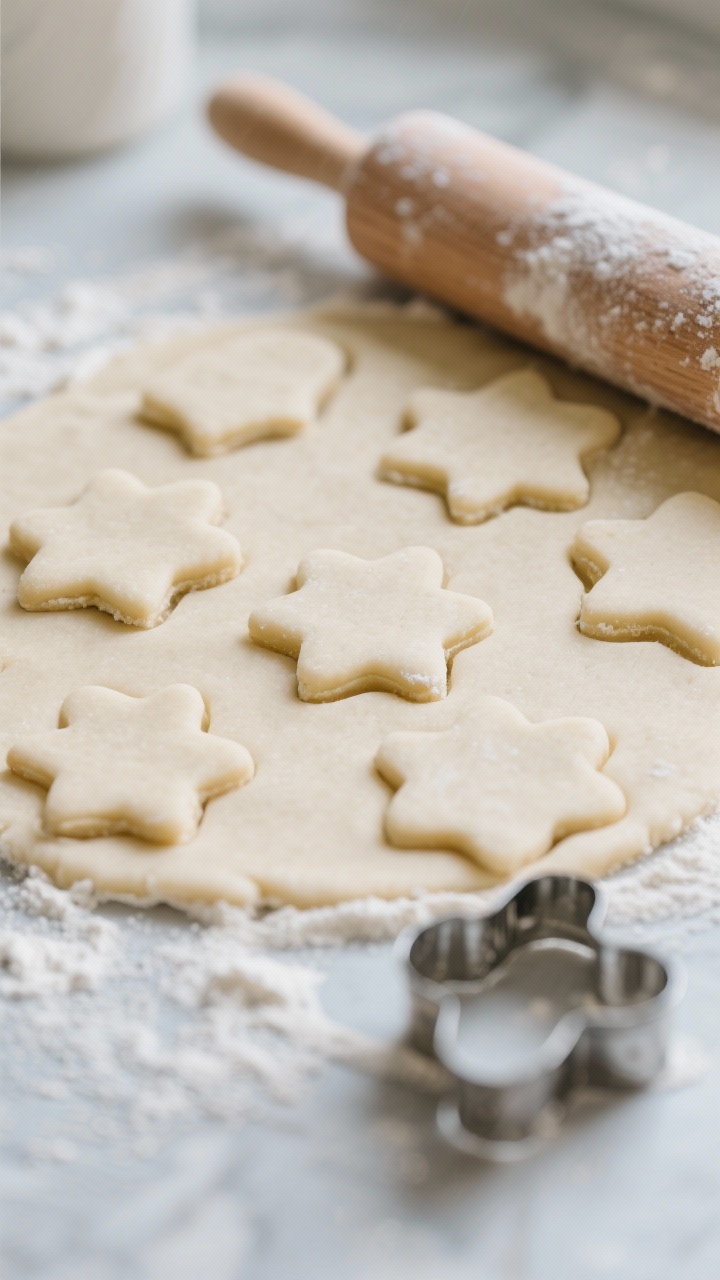 Cooking process: Rolled and cut cookie shapes on a lightly floured parchment surface, 1/4 inch thick