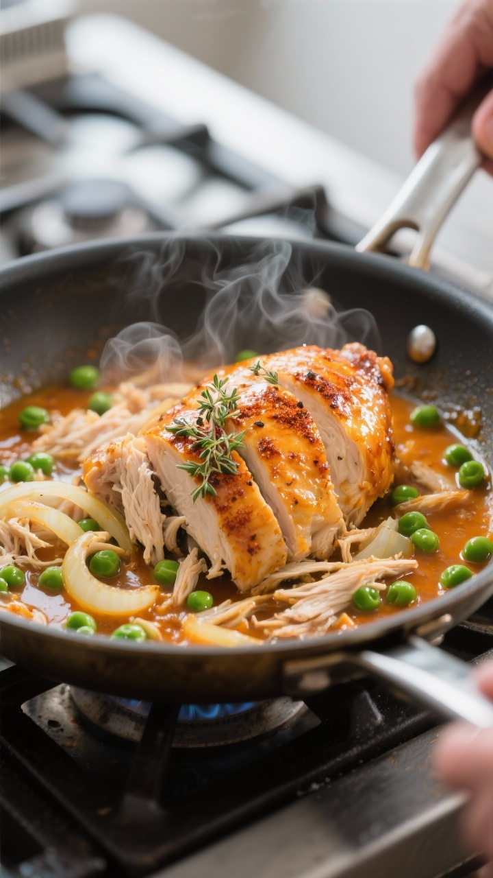 Cooking process: Rotisserie chicken base sizzling in a wide stainless skillet, onions translucent an