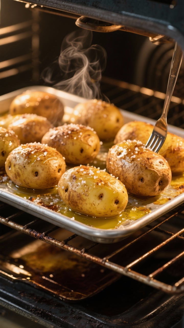 Cooking process: Russet potatoes baking directly on the oven rack at 425°F, skins glistening with o