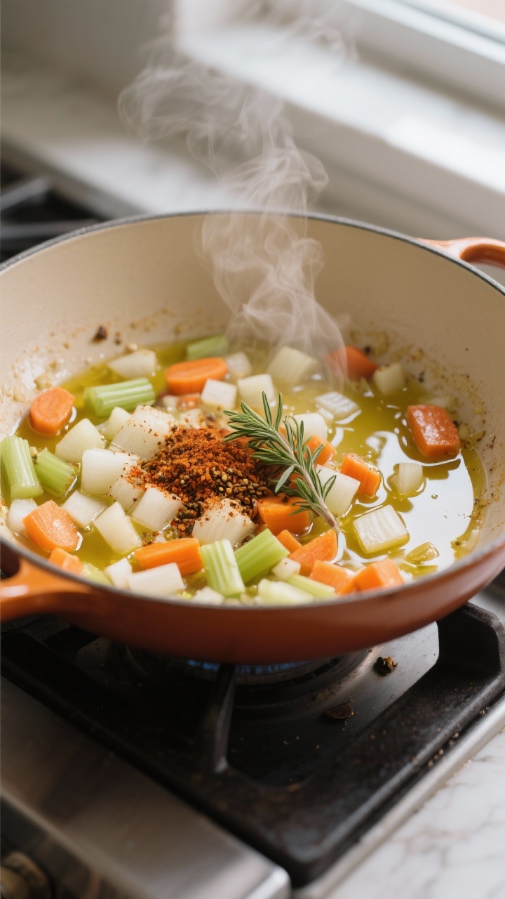 Cooking process – sauté base: Close-up of a wide pot on the stove with softened diced onions, car