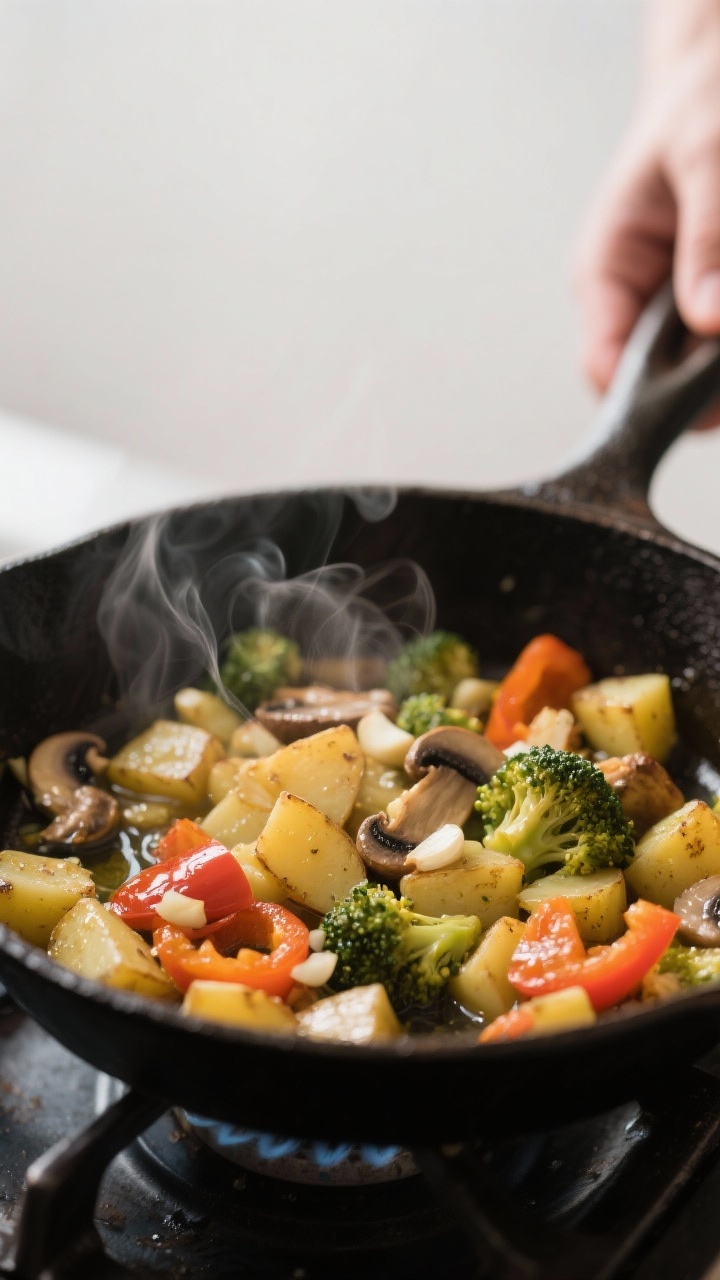 Leftover Vegetable Recipes: Cheesy Baked Vegetable Frittata That Turns Fridge Chaos Into Brunch Glory Cooking process — sauté stage: A 10–12 inch cast-iron skillet on the stovetop with sautéed dic