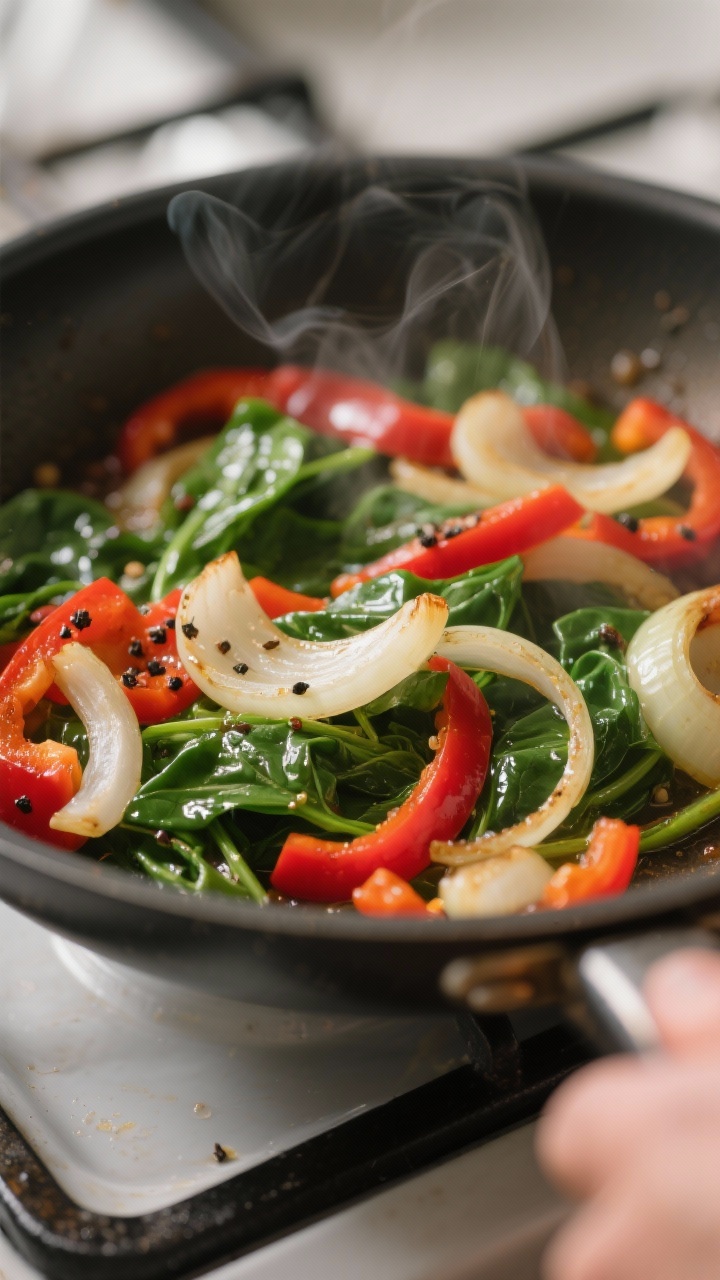 Cooking process — sauté stage: Close-up of sautéed onions and red bell peppers softening in a sk