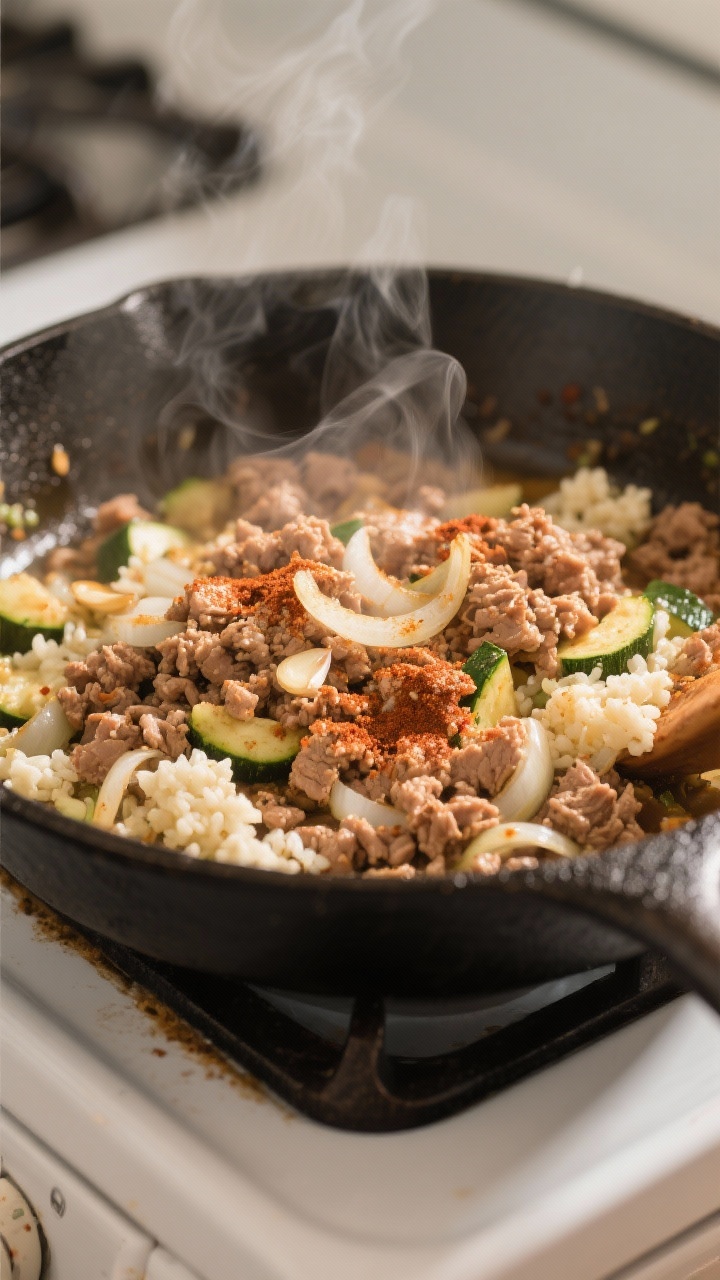 Cooking process: Sautéed aromatics and browned ground turkey in a large skillet, steam rising; turk