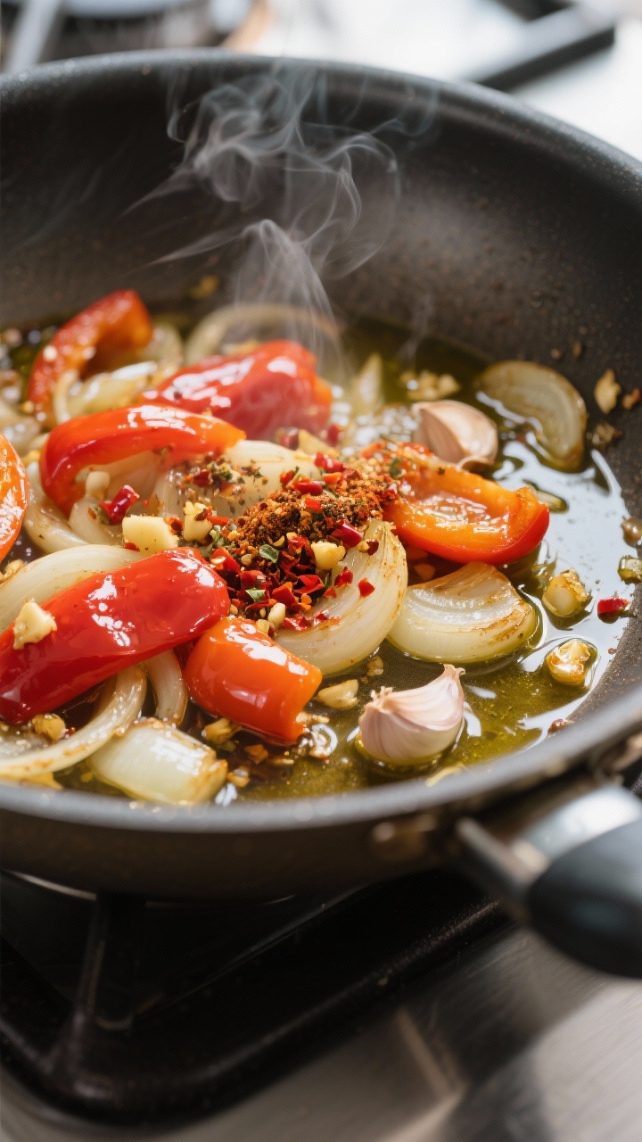 Cooking process: Sautéed onion and bell pepper softening in a wide skillet, garlic just added and g