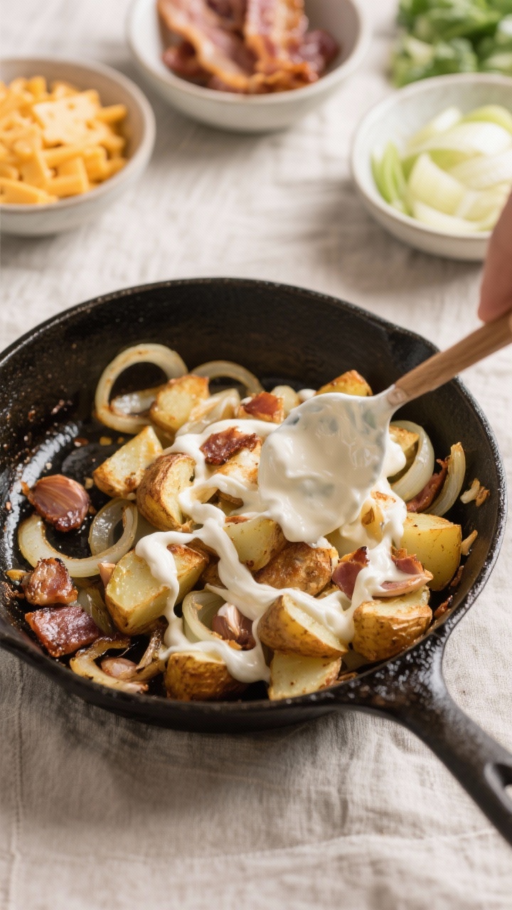 Cooking process: Sautéed onions and garlic glistening in reserved bacon fat in a skillet, with bit