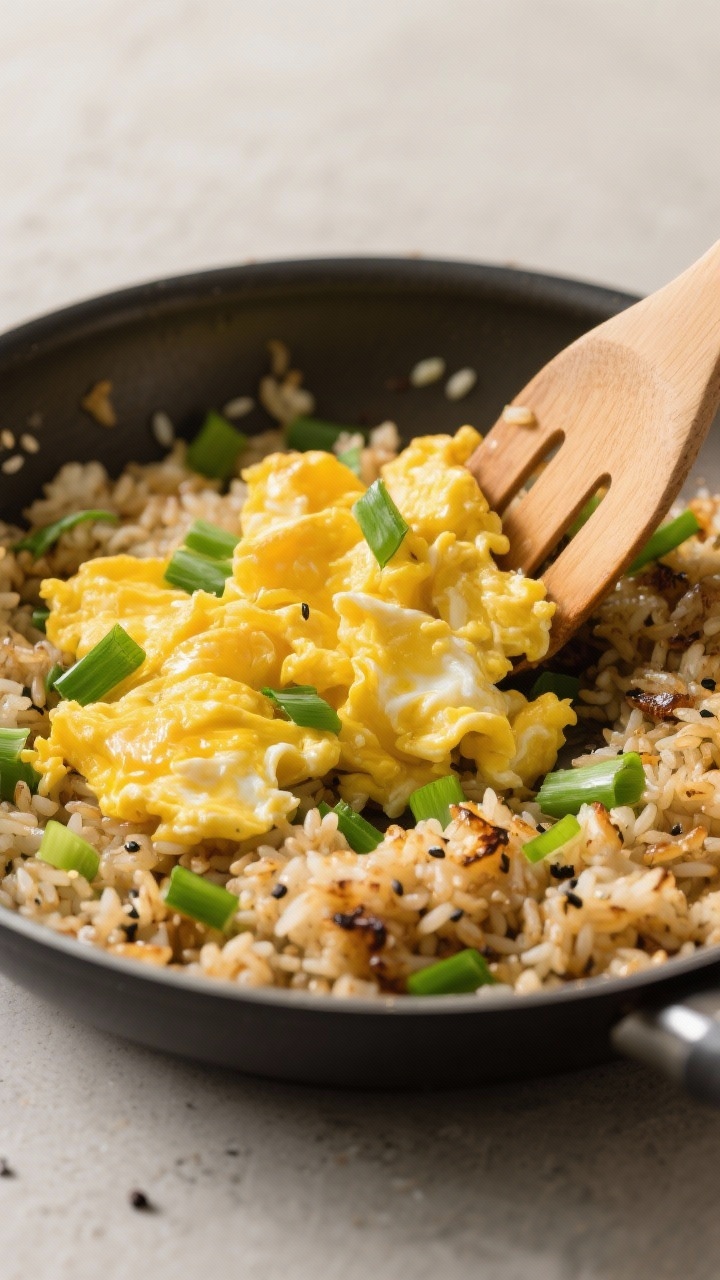 Cooking process: Scrambled eggs just set and being folded back into the fried rice with sliced green