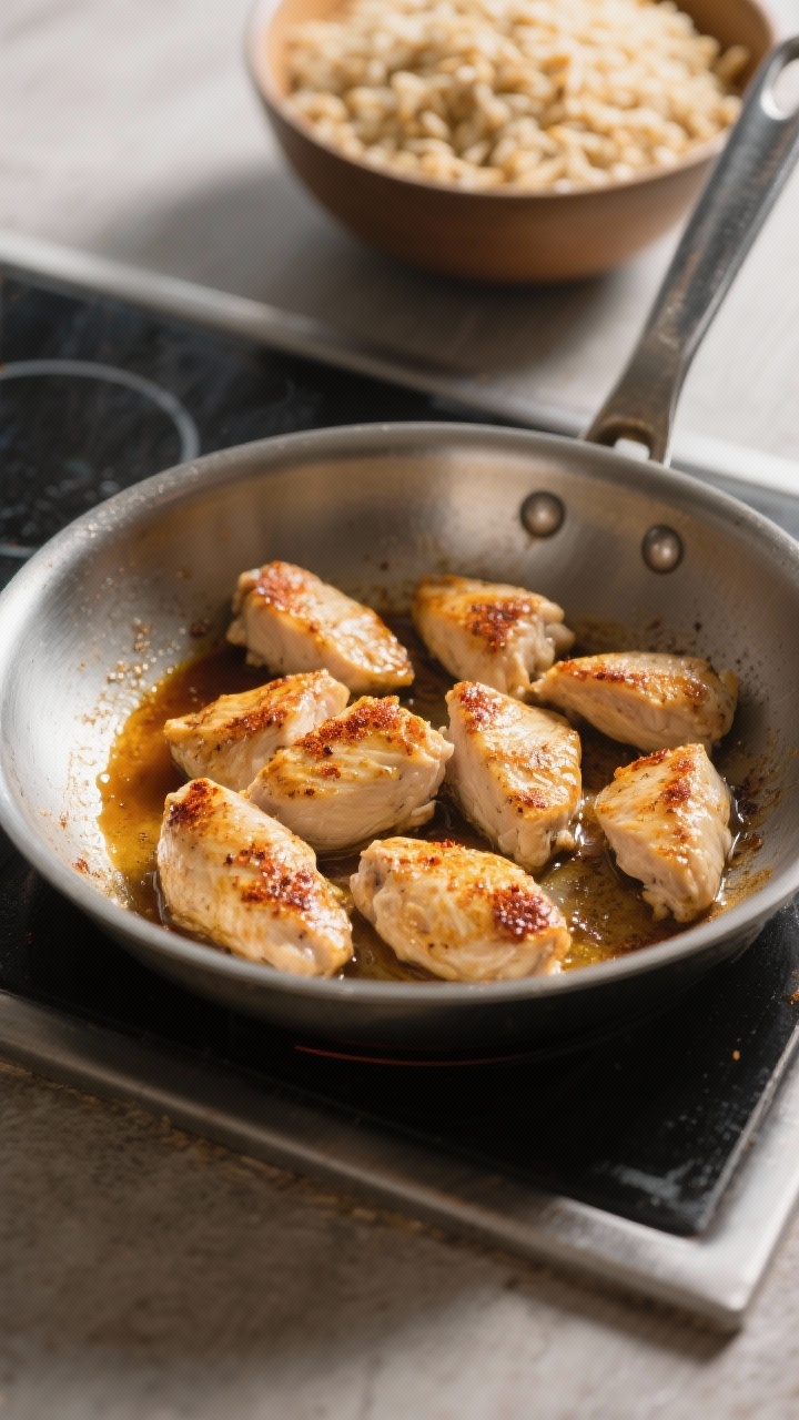 Cooking process: Sear step in action—bite-size chicken pieces in a wide stainless skillet, golden 