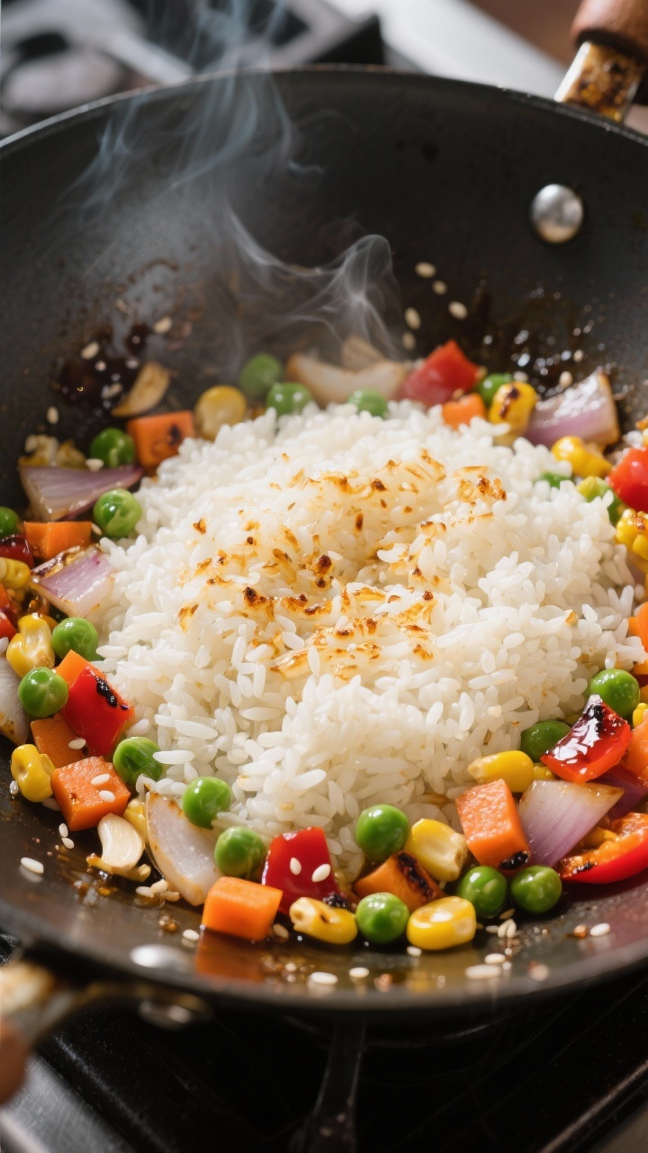 Cooking process — searing rice: Overhead shot of day-old jasmine rice spread in a wide wok, grains