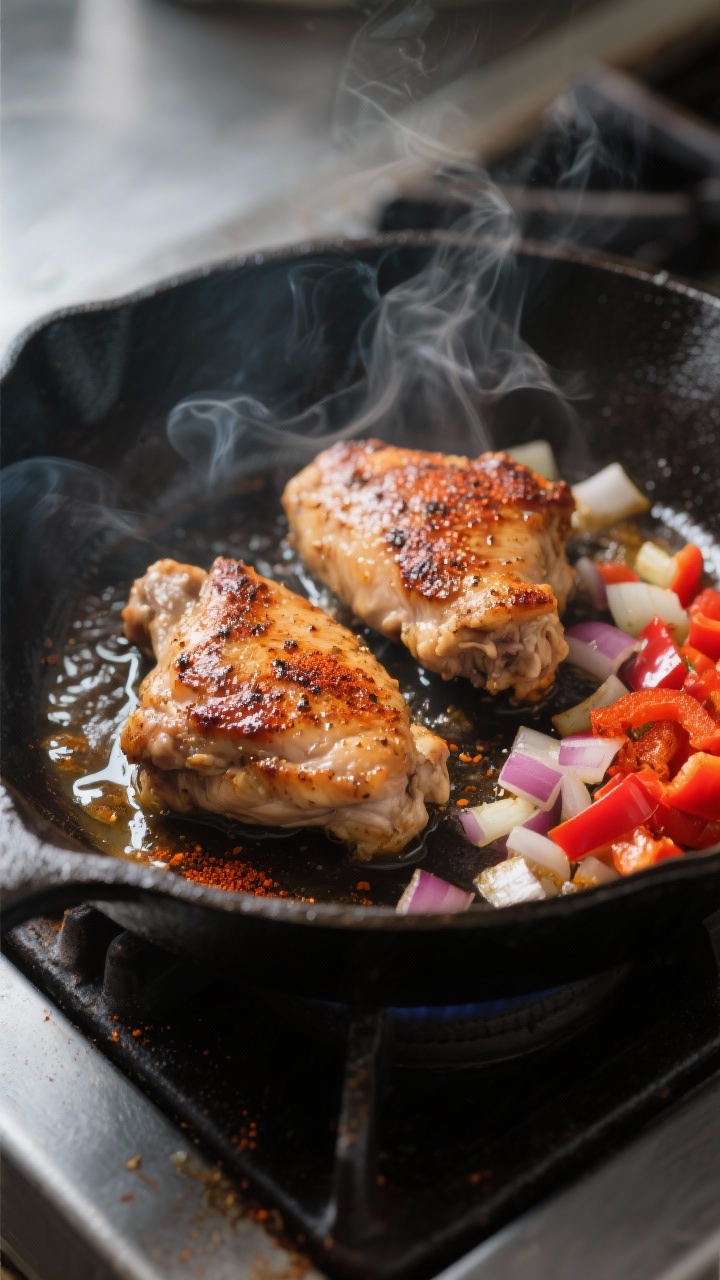 Healthy Family Dinners Made Simple: Clean Eating On A Budget That Doesn’t Taste Like Homework Cooking process: Searing seasoned chicken thigh pieces in a large, dark cast-iron skillet, deeply br