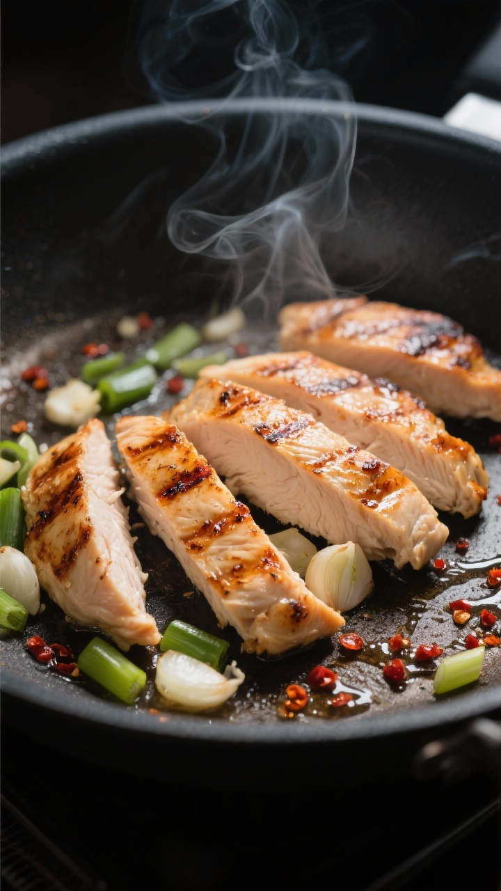 Cooking process: Searing sliced leftover grilled chicken breast in a hot, lightly oiled skillet, clo