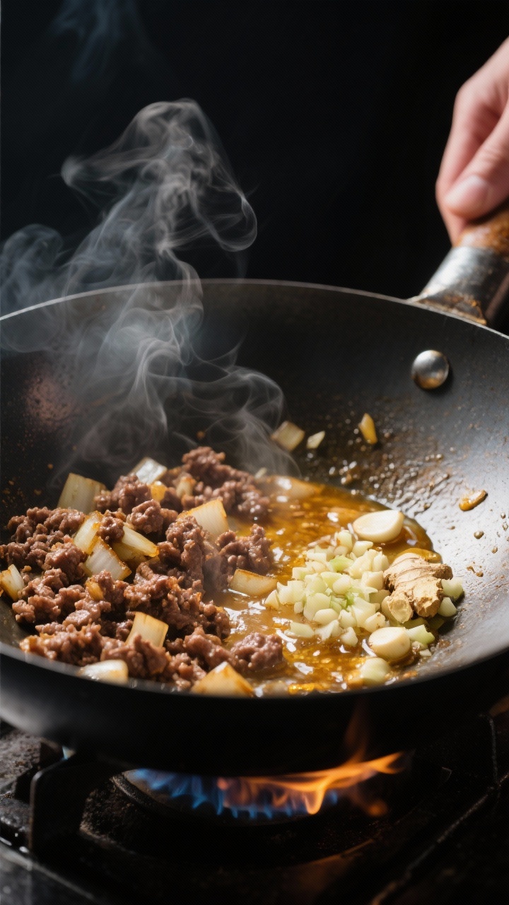 Cooking process — Searing stage: A wok over high heat with browned, crispy bits of leftover ground